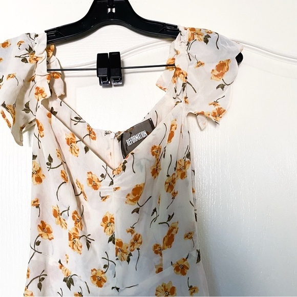Reformation Dress Butterfly Floral Ruffle Off-Shoulder Midi Limonada 2 EUC - Picture 4 of 6